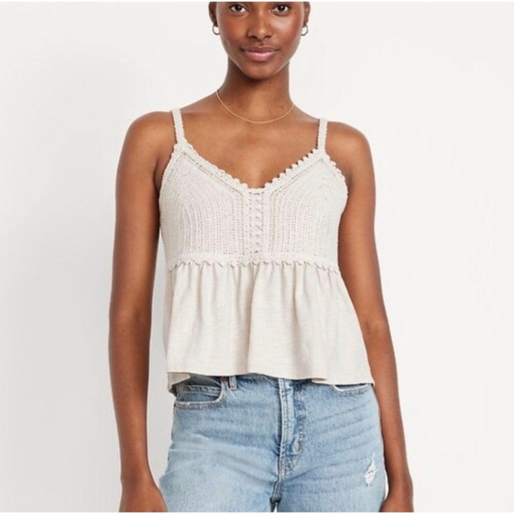 NWT Old Navy L Crochet Ruffle Tank Camisole Cream White Cotton Cropped Festival